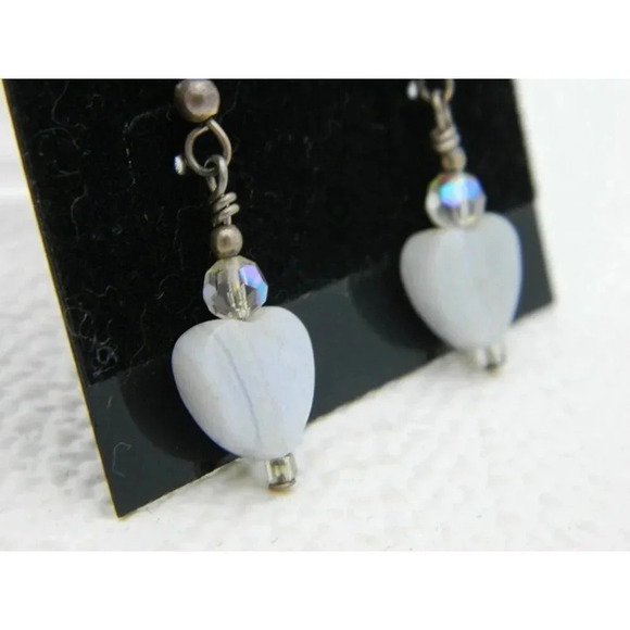 New Old Stock Sterling Silver Blue Lace Agate Crystal Heart Dangle Earring - Picture 2 of 4